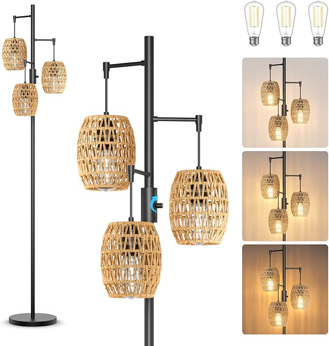 GLITGATE Rustic Standing Lamp with Foot Switch, Dimmable Boho Floor Lamp, 70 Inch Tall Floor Lamp with 3 Rattan Shades, Bohemian Floor Lamps Gracefully Standing for living room, bedroom, dining room, and office