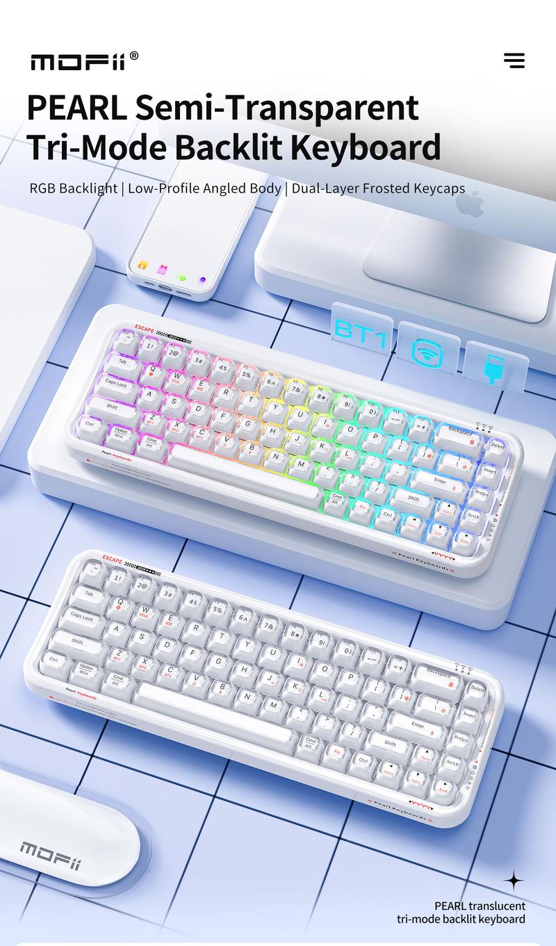 MOFii RGB Gaming Keyboard | 15 Light Effects, Cute Pink Transparent Keycaps, Rechargeable, BT/Wireless/Wired, US QWERTY
