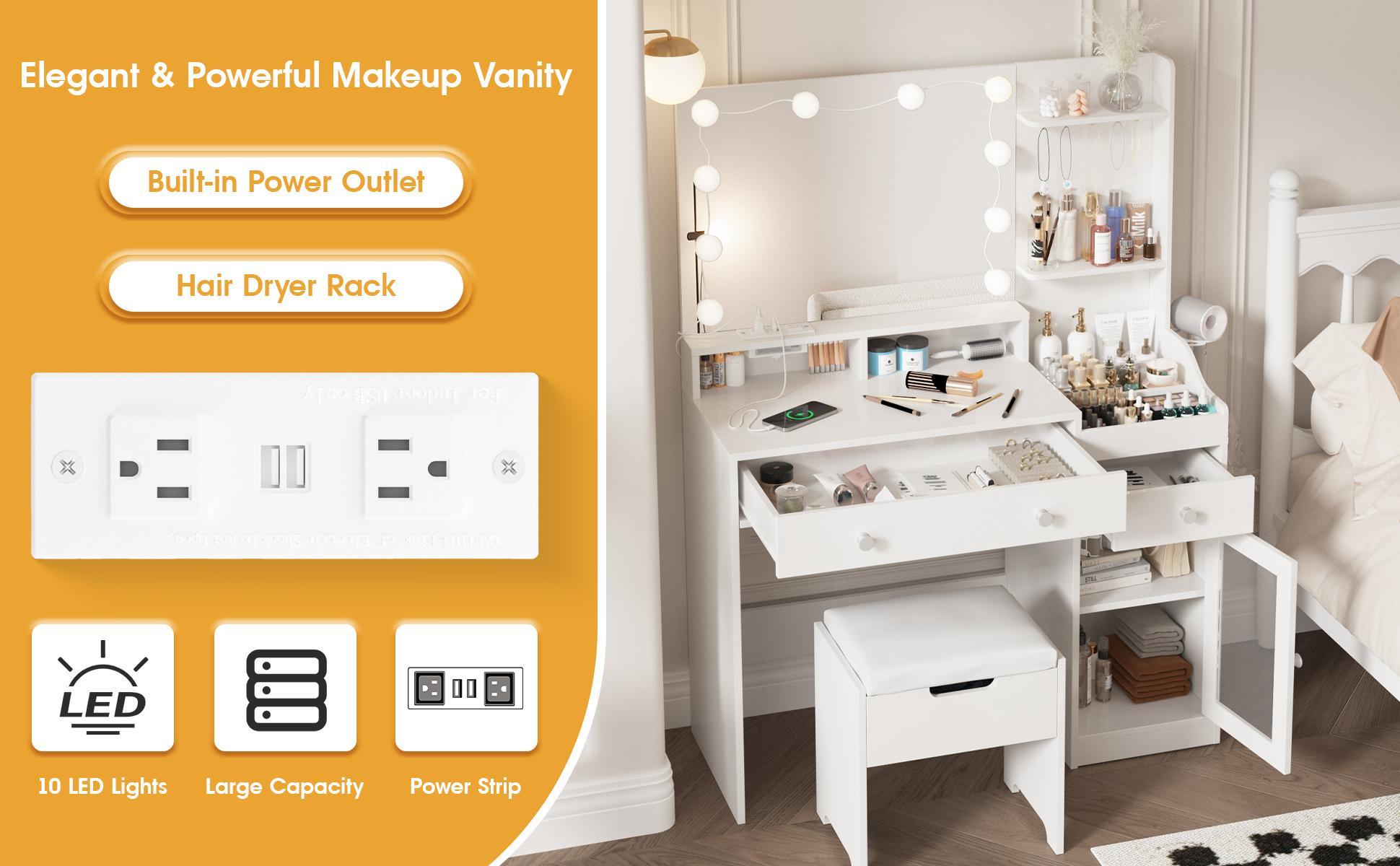 Vabches Vanity with Mirror and Lights, Makeup Vanity Table with Charging Station, Cute Vanity Set with Comfortable Bench, Big Vanity with 3 Storage Compartments