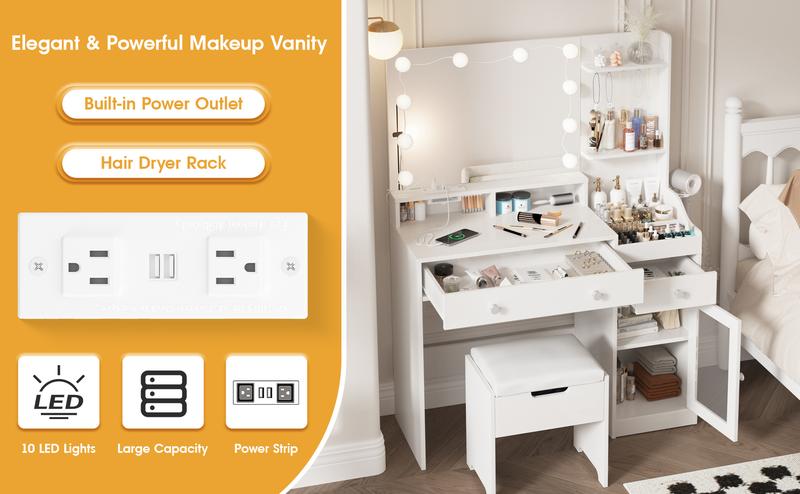 Vabches Vanity with Mirror and Lights, Makeup Vanity Table with Charging Station, Cute Vanity Set with Comfortable Bench, Big Vanity with 3 Storage Compartments