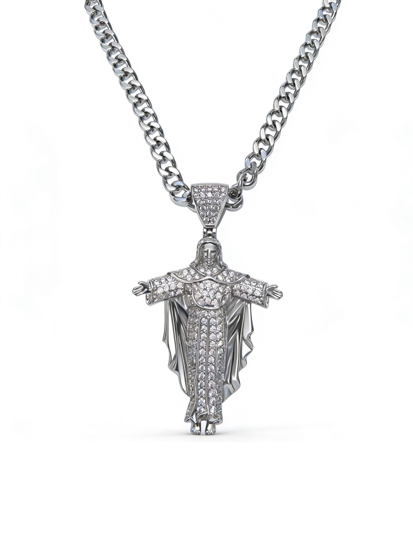 16K Copper Inlaid Zircon New Hip-hop Portrait Cross Pendant Necklace # Jewelry / Stainless Steel Chain / Colorfast / Hypoallergenic / Couple / Festival / Party / Ideal Gift