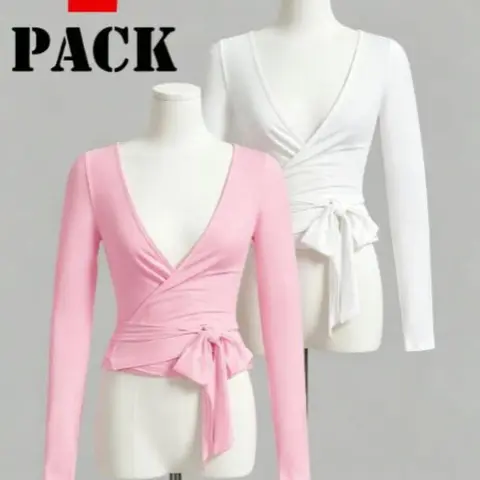 Winter Yoga Fitness, Elastic Soft V-Neck Long Sleeve Slim Fit T-Shirt Set, Sporty Set, Open Front Tie Waist Wrap Top Two-Piece, Yoga Clothes Set, Yoga Activewear, Athletic Style Activewear, Fitness Outfit, Athletic Clothes, Yoga Fitness Clothing