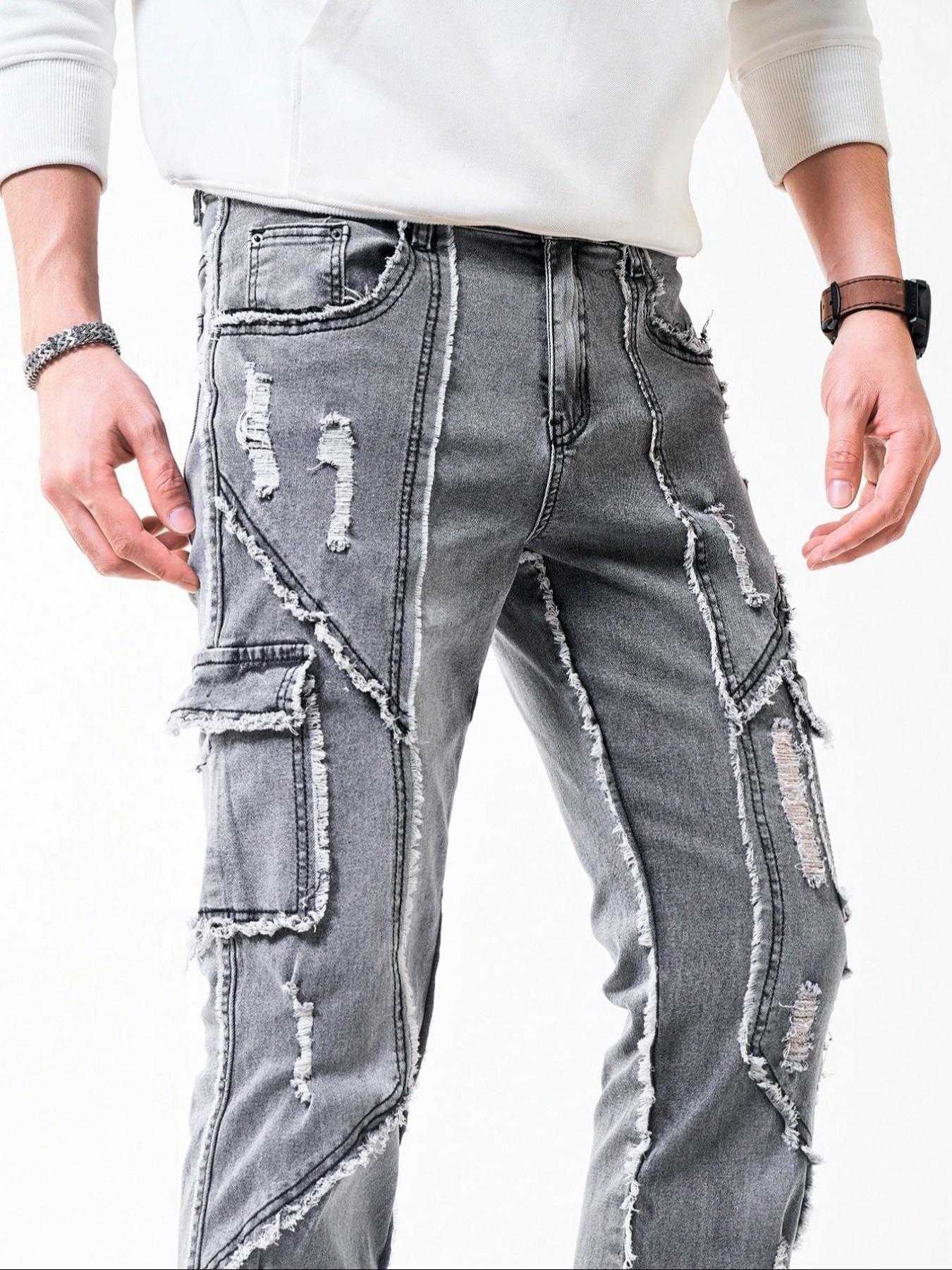 Men's Solid Color Fashion Ripped Fringe Denim Jeans, Mid Waist Stretch Tight Flared Pants with Button Fly, Casual Streetwear Style for Daily Wear