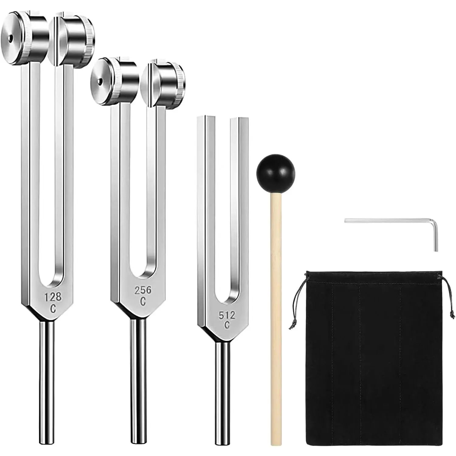 Tuning Fork Set (128Hz, 256Hz, 512Hz) of 3, Weighted & Unweighted Aluminum Forks with Reflex Hammer and Storage Bag for Chakra/Healing/Medical/Sound Therapy Instruments/Yoga/Meditation Accessories