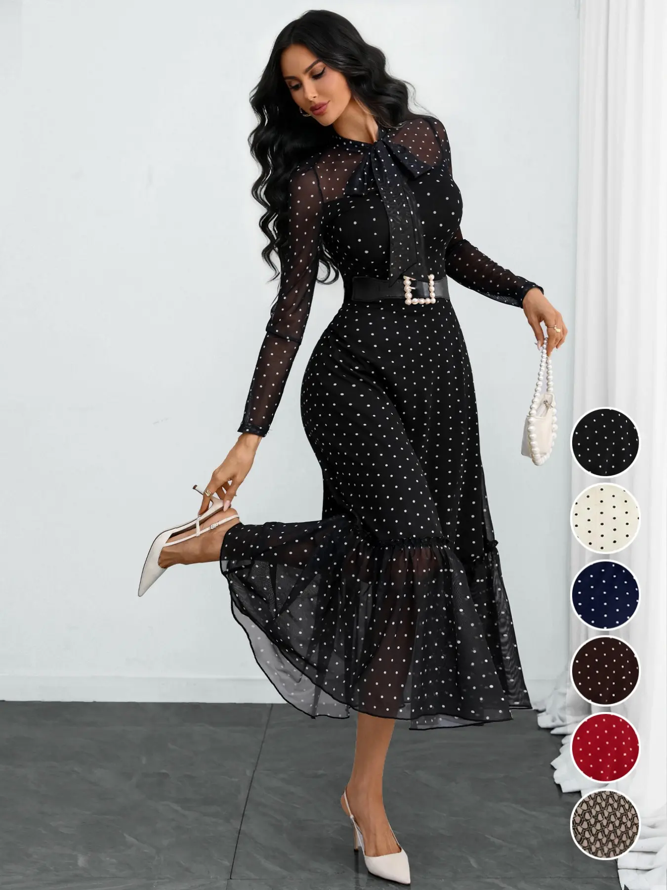 Women's Elegant Vintage Polka Dot Mesh Print Bow Tie Formal Office Siren  Dress, Stylish Workwear, No Belt Included, Perfect for Business - TikTok  Shop