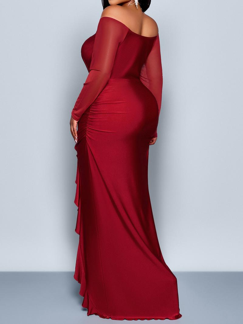 Sexy Off Shoulder Knot Maxi Dresses Christmas Robe For Women Solid Long Sleeve Slim Folds High Waist Side Spilt Hem Bodycon Dress