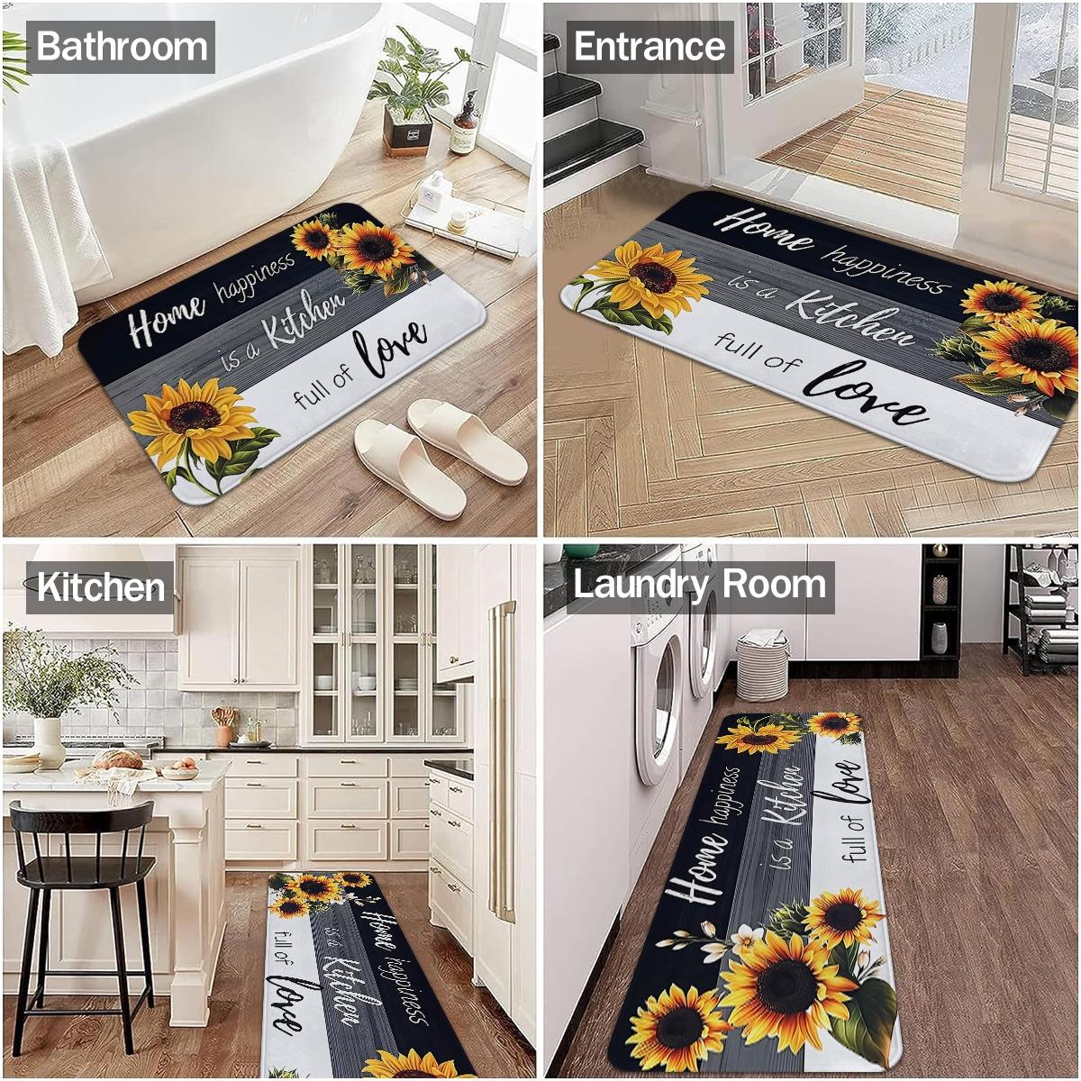 Sunflower Kitchen Anti slip Carpet Floor Mat, Retro Floor Printed Kitchen Anti fatigue Floor, Soft and Comfortable Flannel Floor, Suitable for Kitchen, Laundry Room, Bathroom, Living Room, Room Decoration Floor