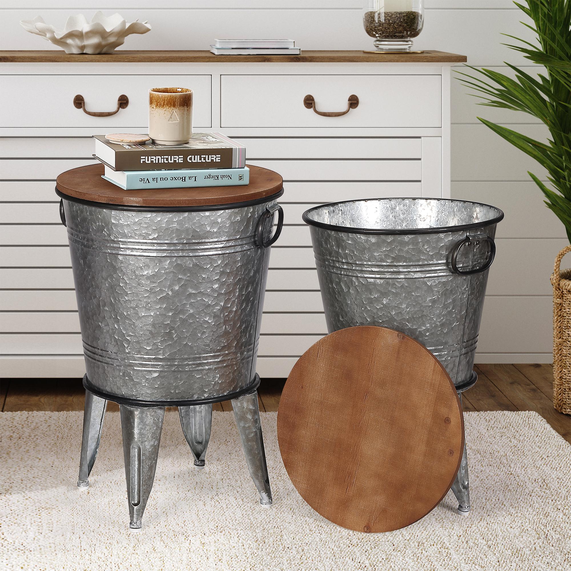PieDle Farmhouse Accent Side Table, Rustic Storage Ottoman Seat Stool, Galvanized Antique Metal End Table Box Bin with Wood Lid, Coffee or Cocktail Table,Nesting Pieces Two