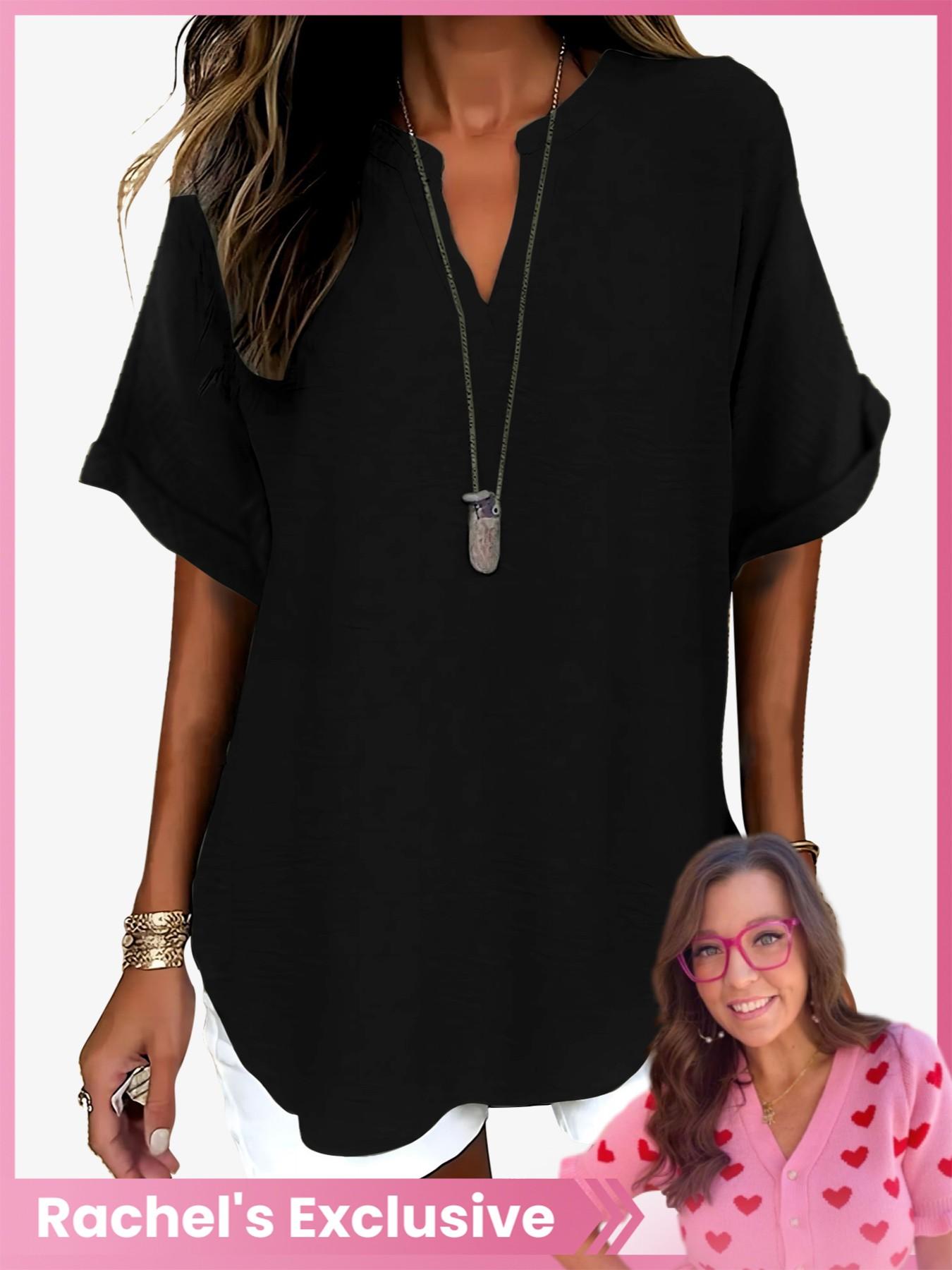 Women's Simple Solid Color Commuter V-Neck Drop Shoulder Vintage Versatile Top, Short Sleeve Fitted H-Type Blouse, Casual Fashion Shirts