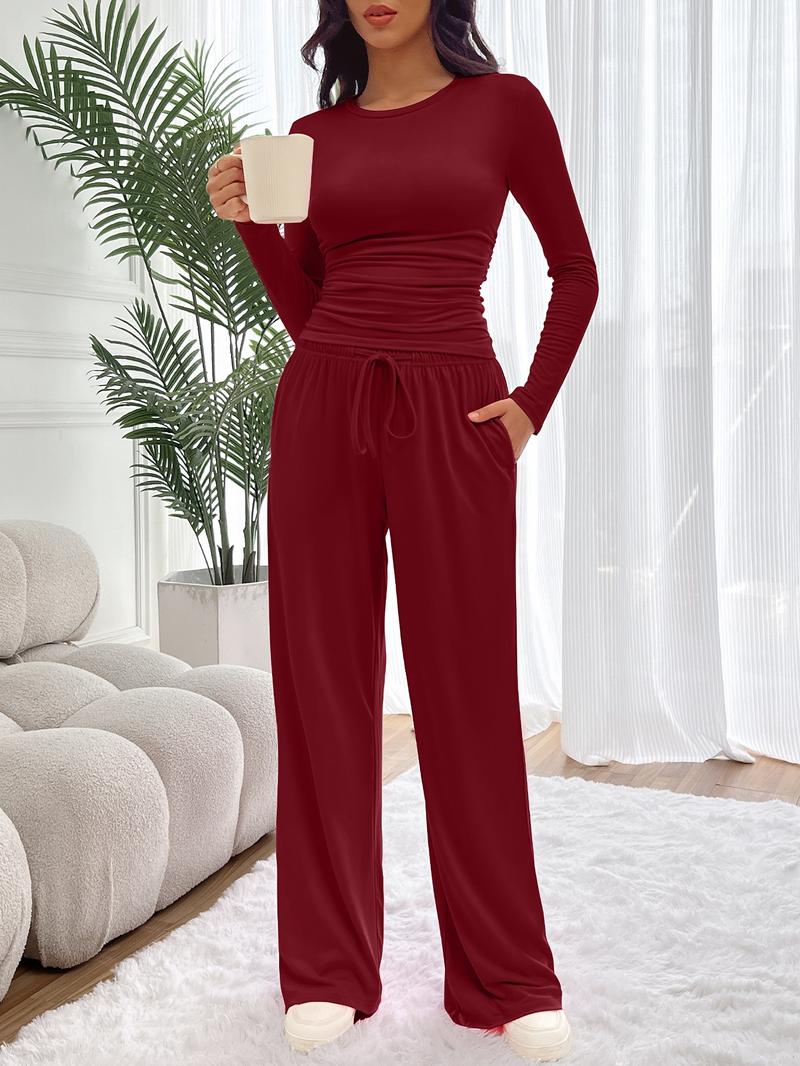 Women's Fitted Two-Piece Lounge Set, Ruched Tee & Drawstring Pocket Pants with Organic Fabric, Casual Daily Wear