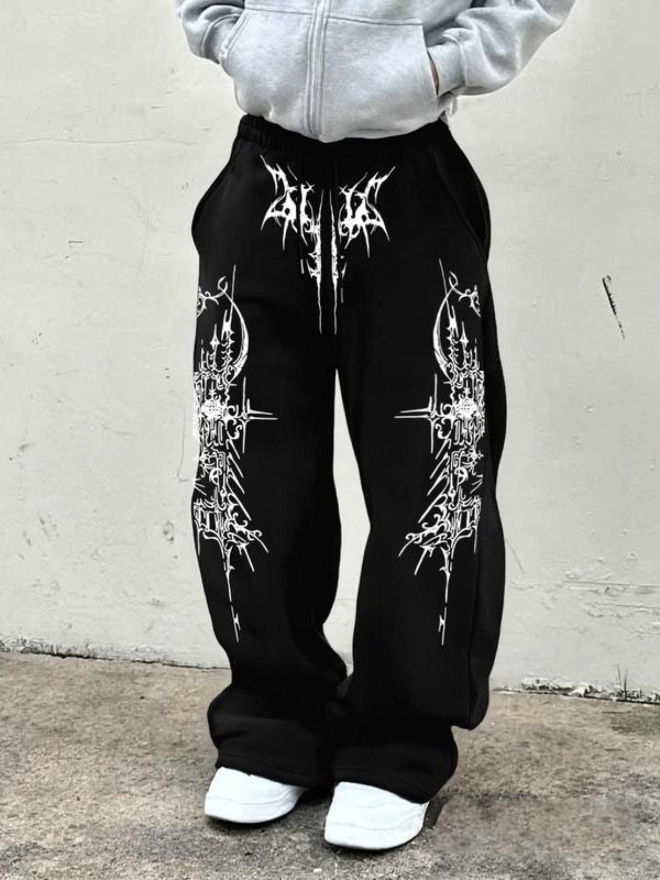 Printed Loose Sport Pants with Gothic Pattern, Drawstring Pants for Daily Wear and Home Leisure, Casual Fitted Geometric Style