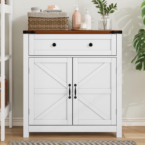 [Bellemave]Farmhouse Storage Cabinet with Drawer and Adjustable Shelf, White Kitchen Cabinet with Walnut Countertop, Modern Coffee Bar Console Cabinet for Kitchen, Dining Room, Bathroom, Entryway