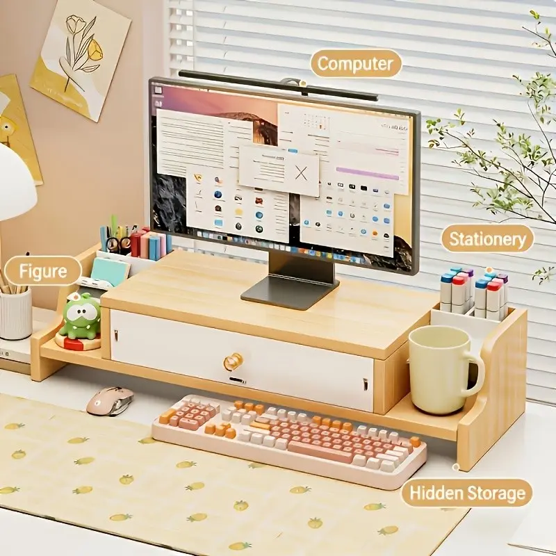 4-Panel 1-Drawer Computer Height Storage Rack, Office Desk with Drawer, Desktop Monitor Stand, Durable Material, Increased Capacity, Strong Load-Bearing, Quality Assured