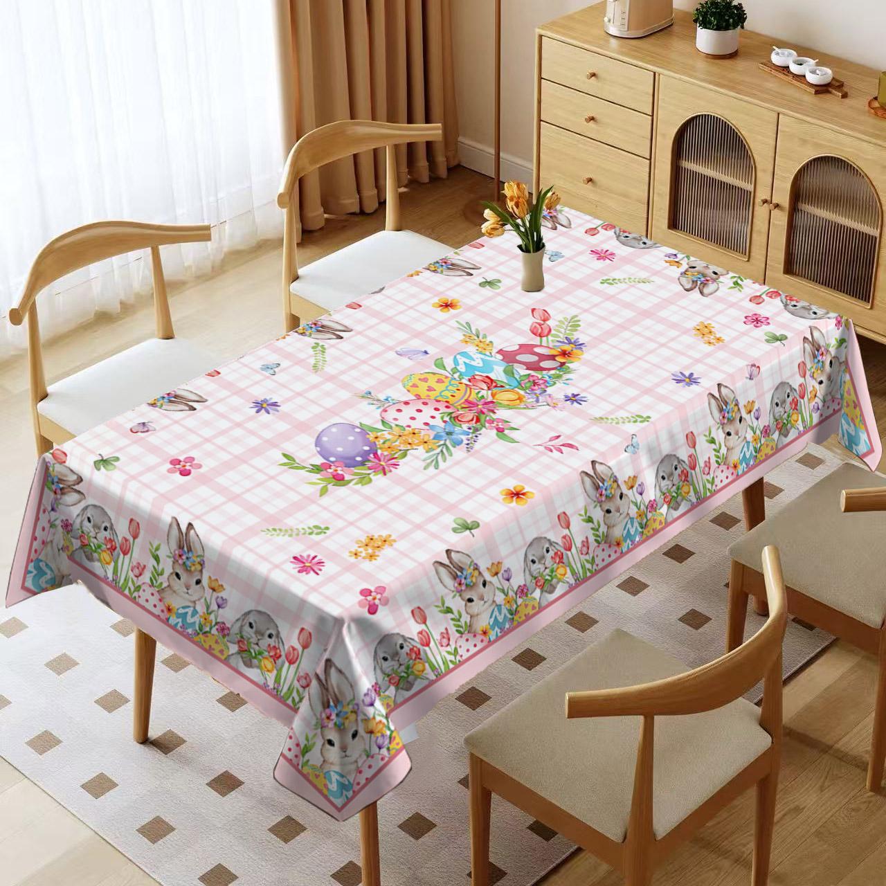 Rectangular Easter Tablecloth, Cartoon Rabbit & Egg Design, Spring/summer Floral Pattern, Perfect for Holiday/easter Decorations, Picnic Table Cover