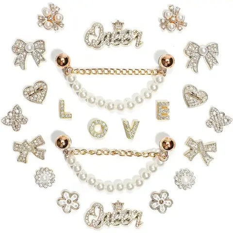 SOGLLQAM Sparkling Rhinestones and Pearls Shoe Charms Set with Elegant Shoe Chains, Love Queen Letter Charms for DIY Women's Clog Sandals Decorations | Trendy Shoe Accessories for Party and Special Occasion Gifts Footwear