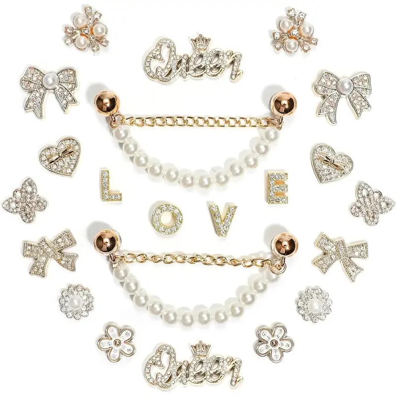 SOGLLQAM Bling Rhinestones and Pearls Shoe Charms Set with Sparkling Shoe Chains, LOVE Queen Letter Charms for DIY Women's Clog Sandals Decor | Trendy Shoe Accessories for Party Girls and TikTok Fashion Gifts