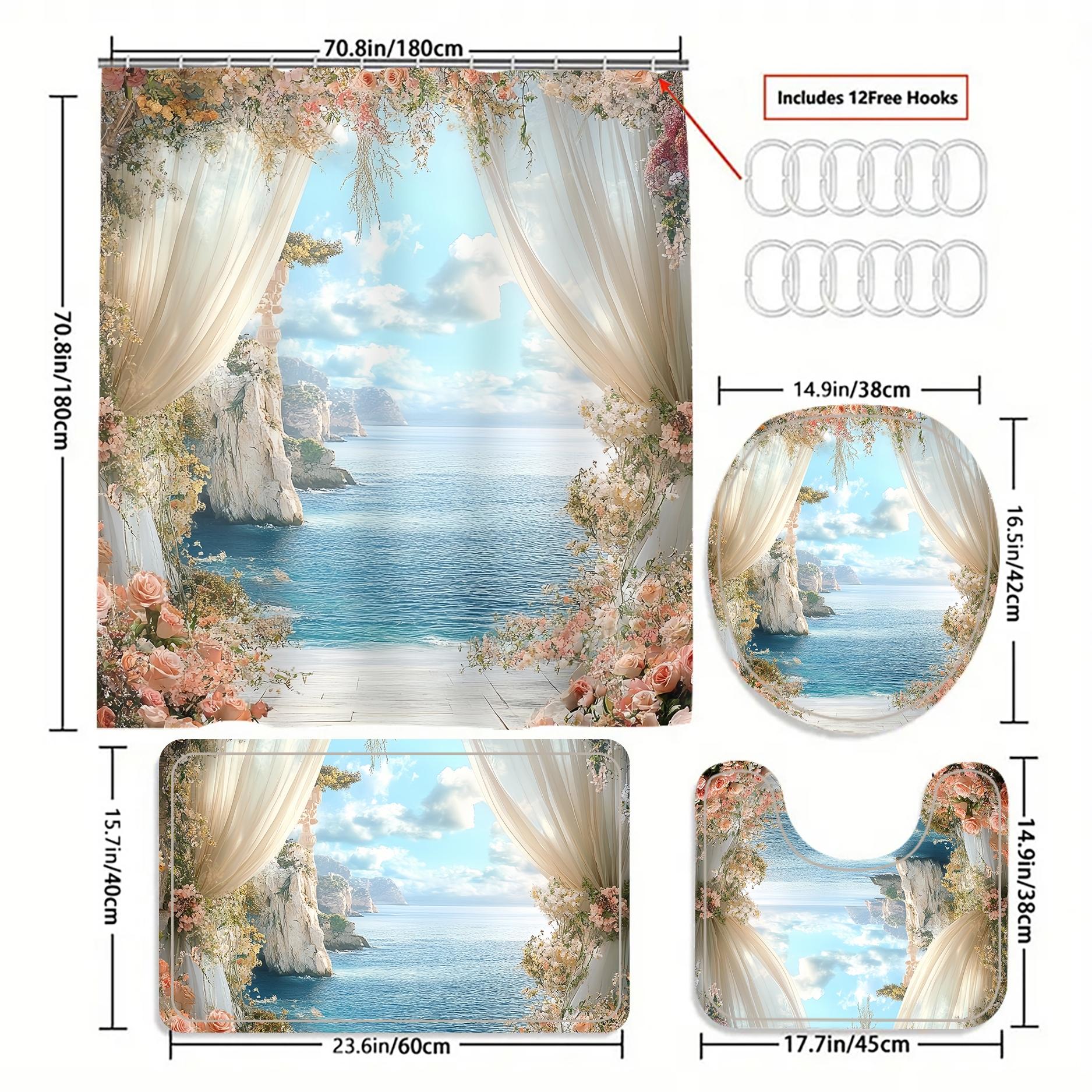 Romantic Sea View Pattern Bathroom Decorations, Including Shower Curtain & Toilet Lid Cover & U-shape Mat & Rectangle Mat, Bathroom Accessories for Home Decor