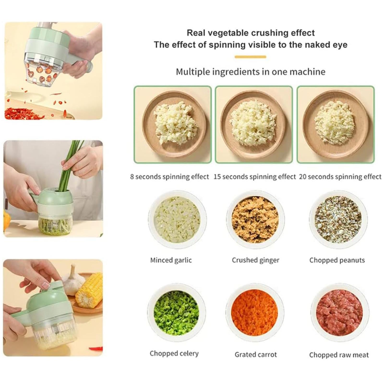 Multifunctional Portable Vegetable Processor, Electric 4-In-1 Chopper Set, Rechargeable, Ideal for Garlic, Peppers, Celery, Meat