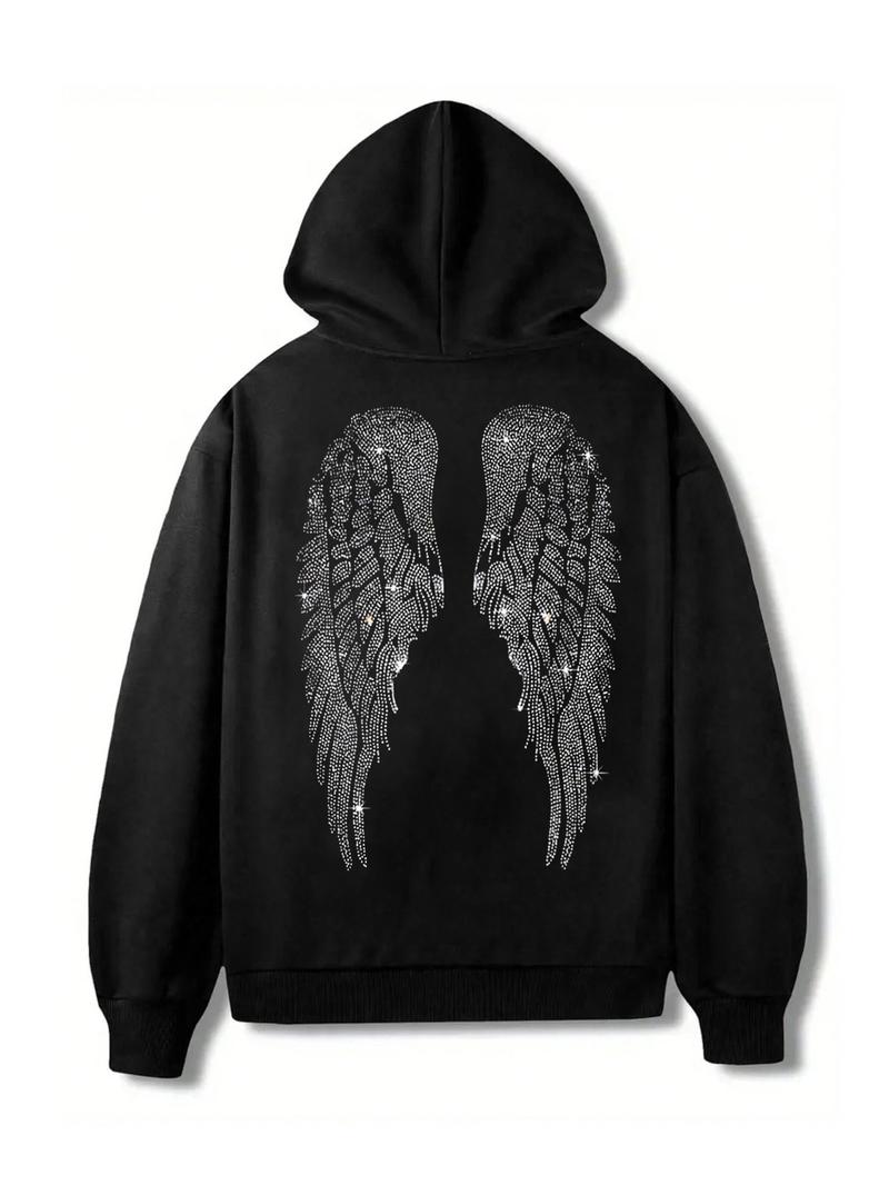 Hooded Sweatshirt with Rhinestone Wings Print, Street Style Fitted Long Sleeve, Soft Comfortable Fabric, All Seasons Wear