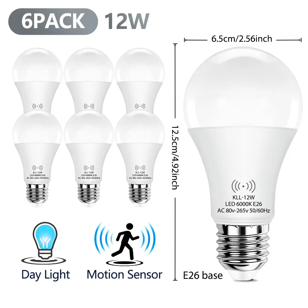 Kasotile Motion Sensor Bulb LED Light E26/e27, 6000k Light, 12w High Power, Energy Saving, Covers Entire Corridor, 6pcs Pack