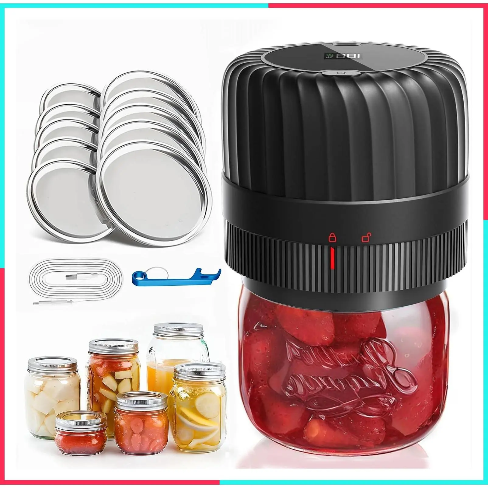 Electric Mason Jar Vacuum Sealer Kit for Wide and Regular Mouth Jars, Food Saver Canning Machine with 10 Jar Lids