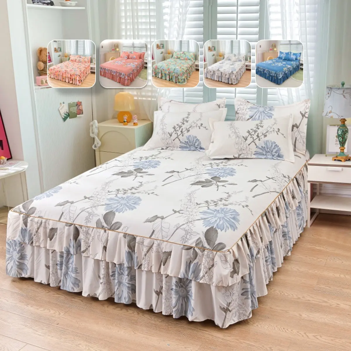 2/3pcs Ruffled Floral Fitted Sheet Set with Pillowcases, 38cm/14.96" Bed Skirt Drop, Breathable Wrinkle Resistant Bedding for Bedroom, Dorm & Apartment, Cozy Bedding Set