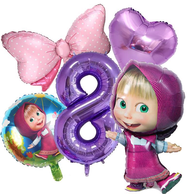 Masha and The Bear Birthday Balloons Decoration Number Bowknot Heart Ballons Set Girl Boy Party Supplies Kids Birthday Favors