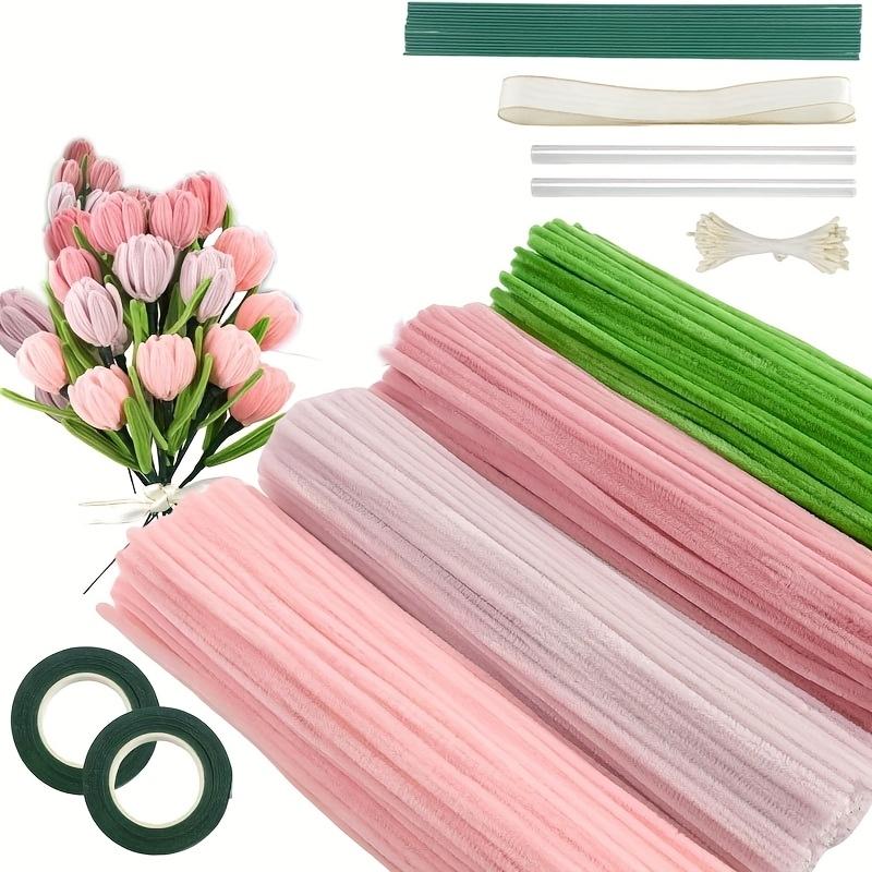 DIY Craft Kit, 400 Pieces Pipe Cleaners, 4 Colors, Chenille Stems, Floral Making Supplies, Includes String, Tape, Buds & Ribbons