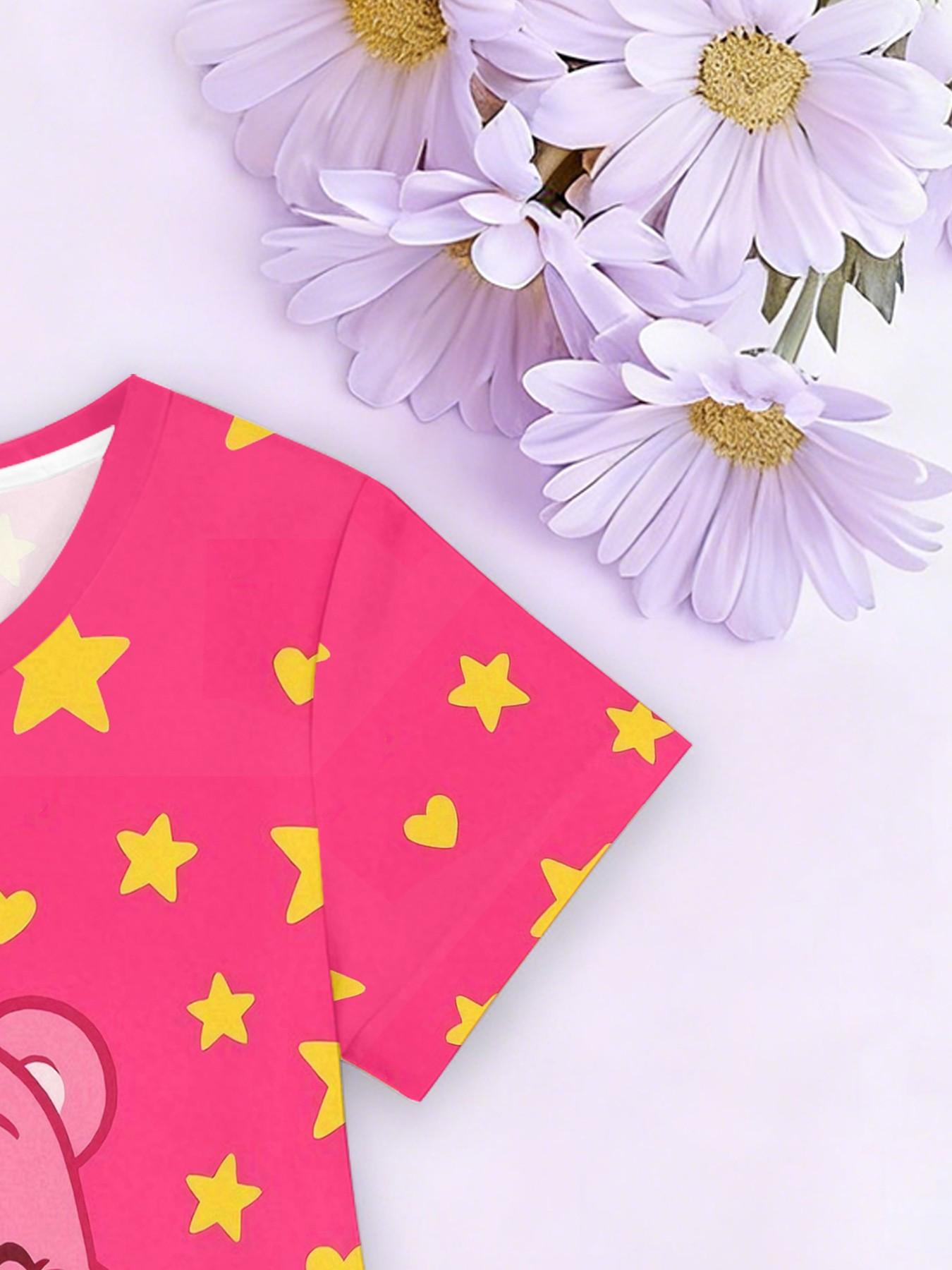 Girls' Heart Bear Cheer Bear Rainbow A-Line Dress, Cute Cartoon Short Sleeve Dress, Fashion Outdoor Wear, Birthday Gift, Holiday Gift