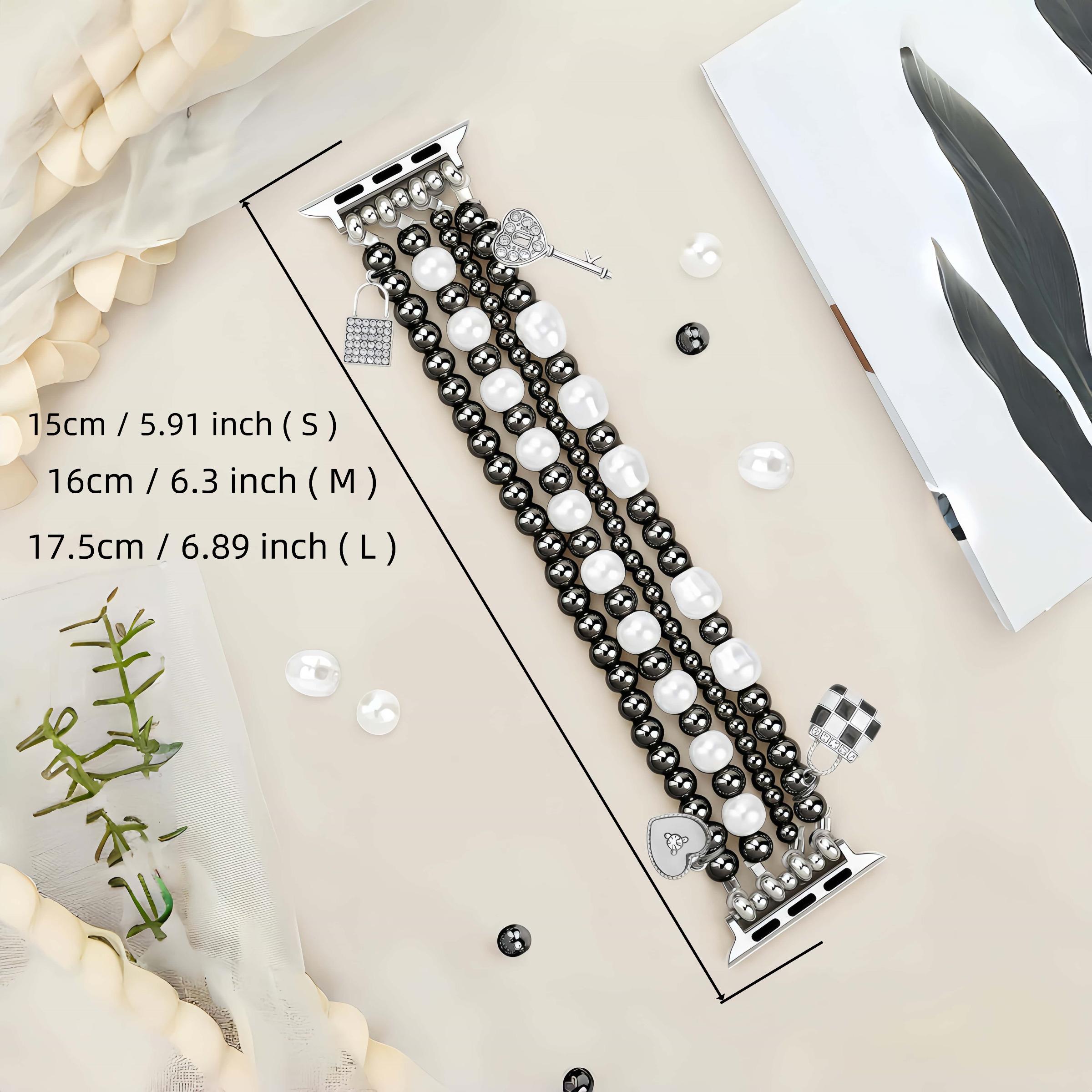 Gold bead bracelet suitable for 38mm 40mm 41mm 42mm women's Apple Watch strap, Smartwatch Accessories, iWatch SE series handmade dress iPhone strap elastic strap heart-shaped pendant strap, women's pearl strap, Smart Watch Straps