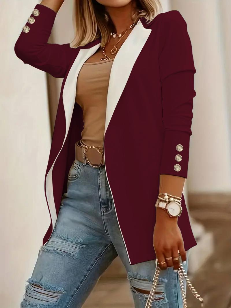 Women's Solid Button Lapel Neck Open Front Blazer, Casual Long Sleeve Outerwear for Spring & Fall, Ladies Clothes for Work Office Business