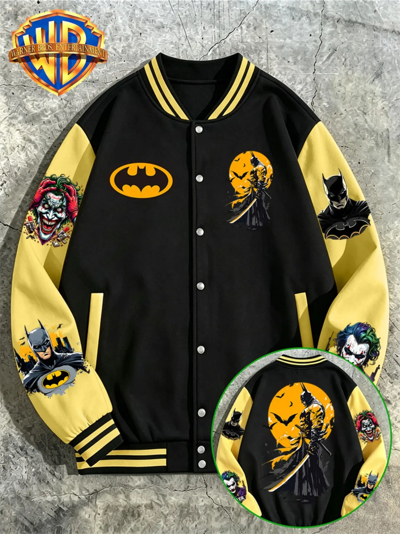 Wb Warner Bros. Batman Samurai & Joker Varsity Jacket, Retro Anime Style, Color Block Baseball Coat, Hip Hop Streetwear for Men