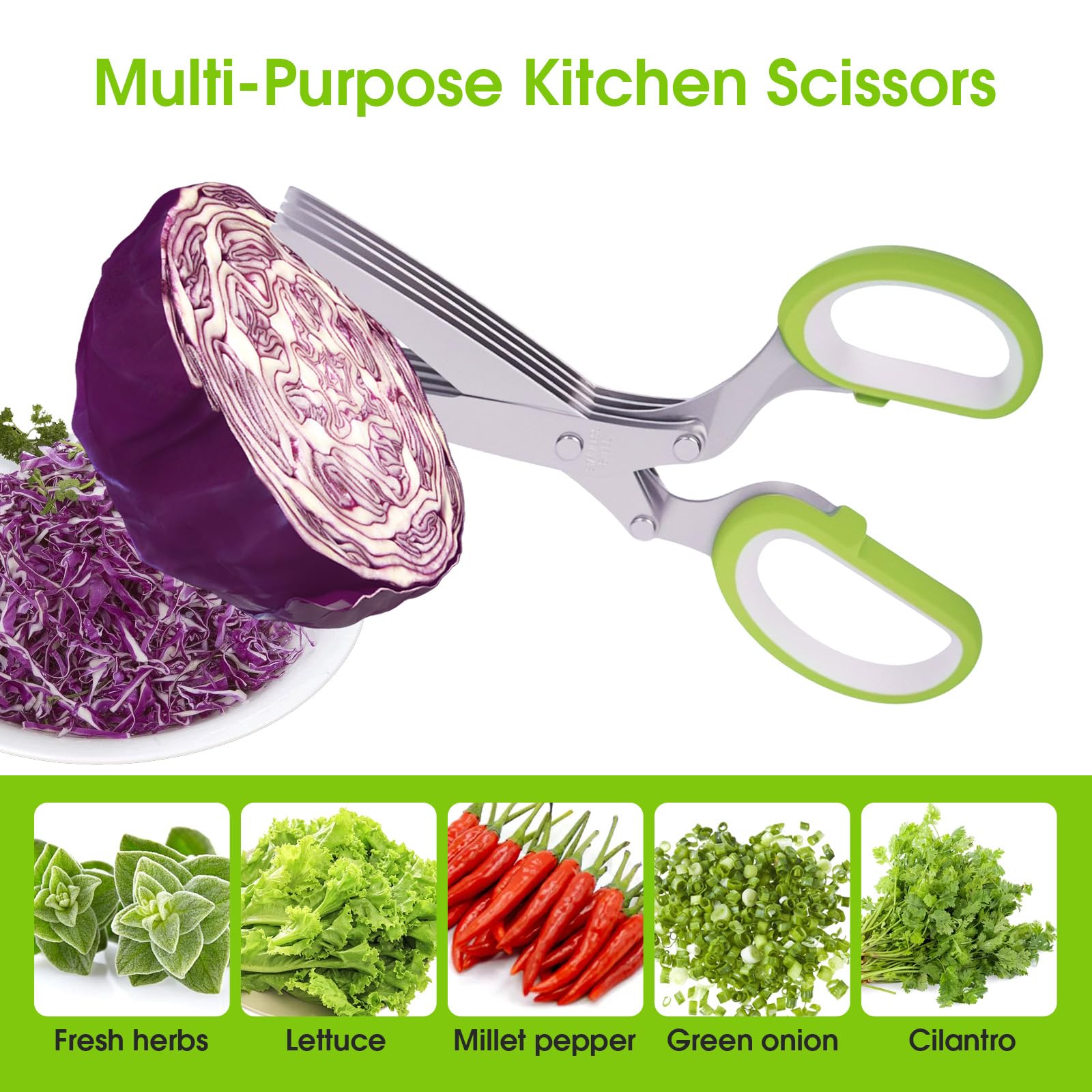 Herb Scissors, Multipurpose 5 Blade Kitchen Herb Shears Herb Cutter with Safety Cover and Cleaning Comb for Chopping Basil Chive Parsley (Green)