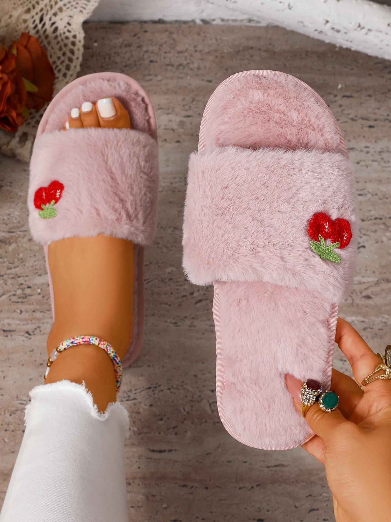 Cute Cherry Plush Casual Women's Slippers, Comfortable Indoor Warm Shoes, Fashion Home Footwear, Soft Textile Upper, Rubber Sole
