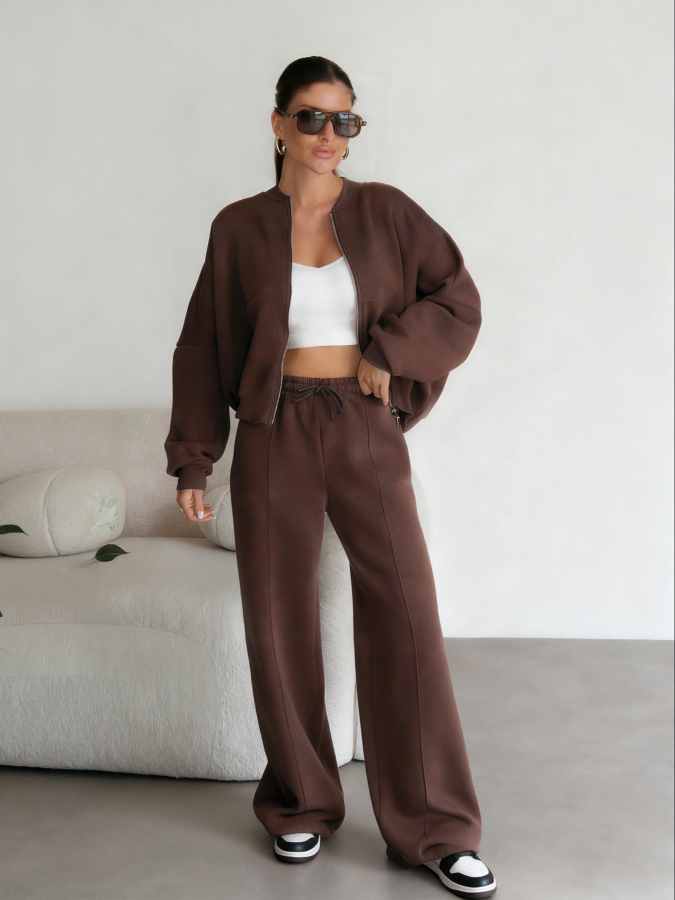 Women's Casual Basic Long Sleeve Zipper Short Jacket and Pants
