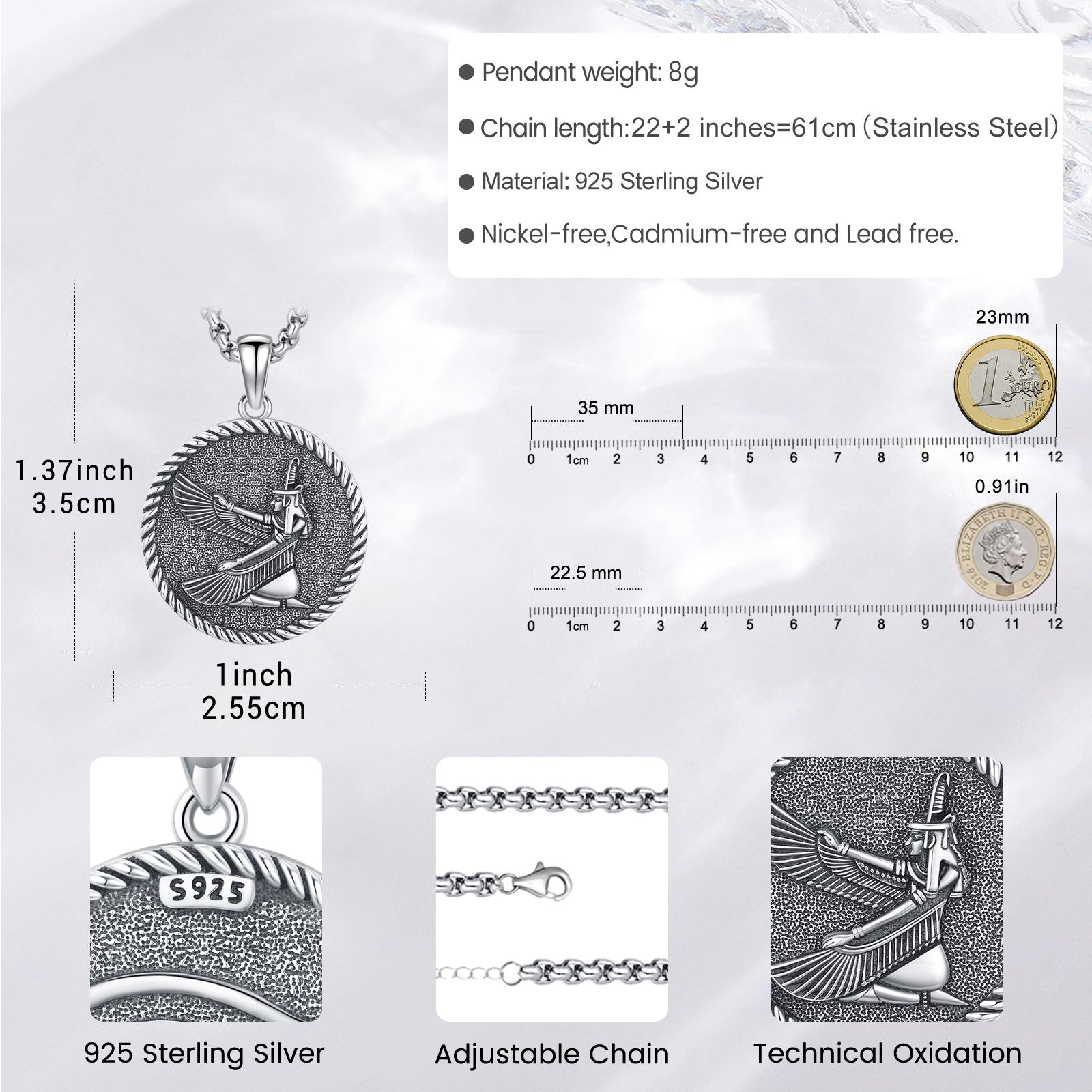 DRINSPER S925 Maat Necklace & Eye of Horus 925 Sterling Silver Pendant Goddess of Order Egyptian Mythology Pagan Jewelry