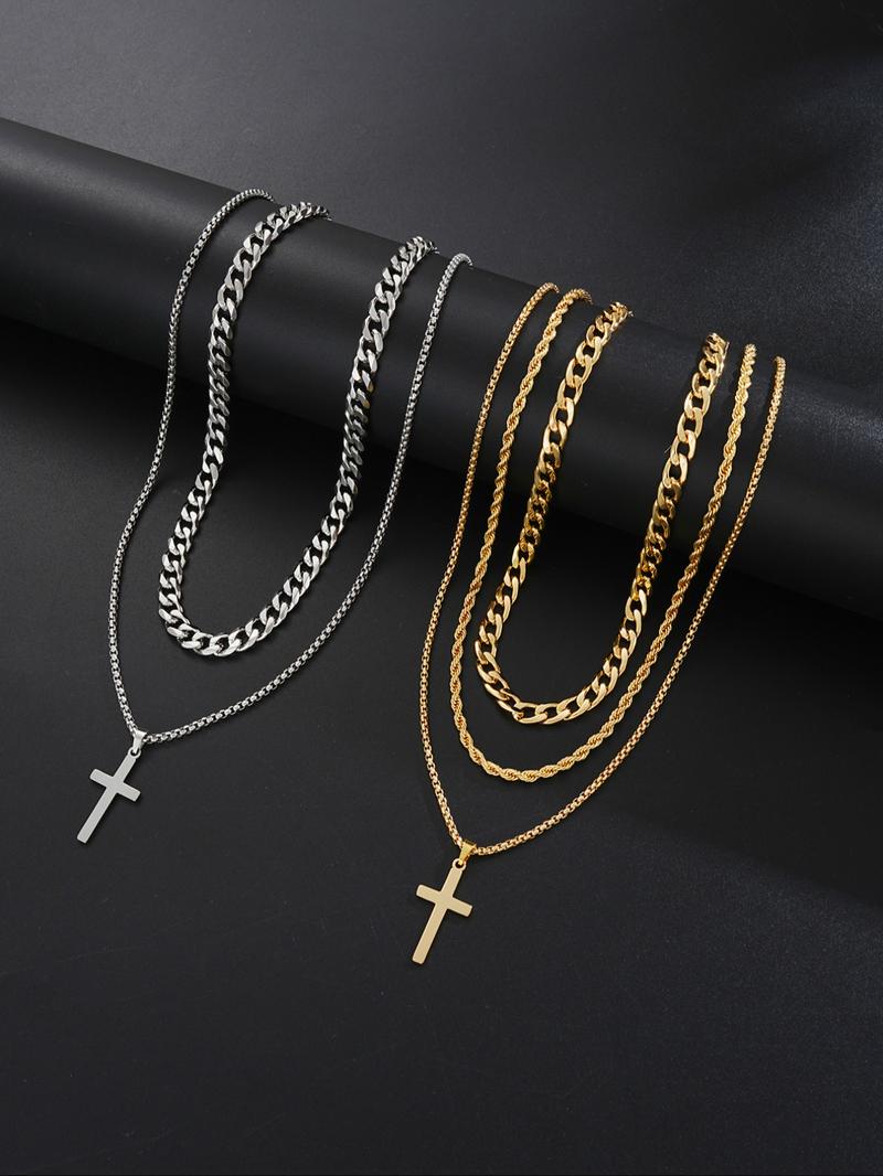 Men's Stainless Steel Jewelry Set, Geometric Pattern Necklace & Bracelet, Casual Daily Wear Accessories, Perfect Gift for All Seasons