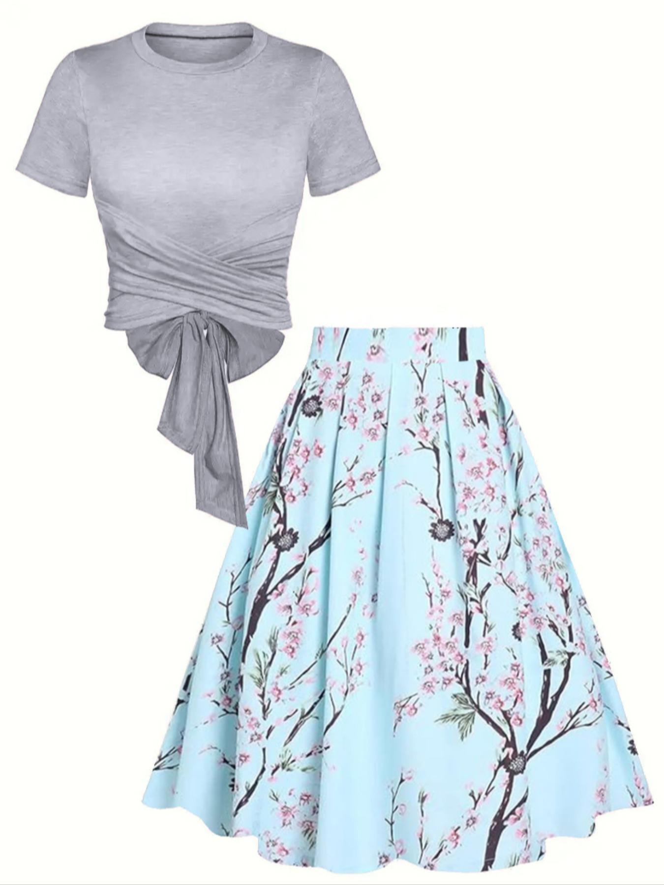 Women's Short Plain Top & Floral Print High Waist Skirt Two-piece Set, Casual Fashion Cozy Top & Skirt for Daily Outdoor Wear, Ladies Outfits for Summer Womenswear