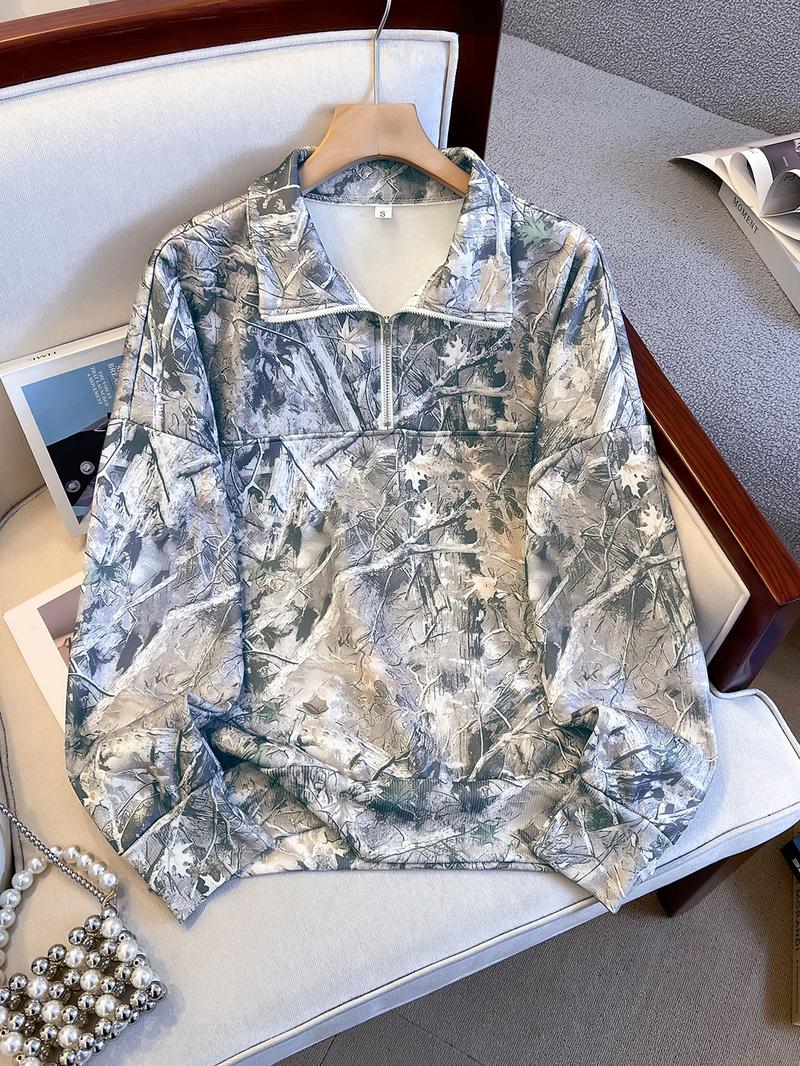 Women's Camo Printed Half-Zip Hoodie, Casual Long Sleeve Loose Fit Top, Outdoor Fashion Fall & Winter Clothing
