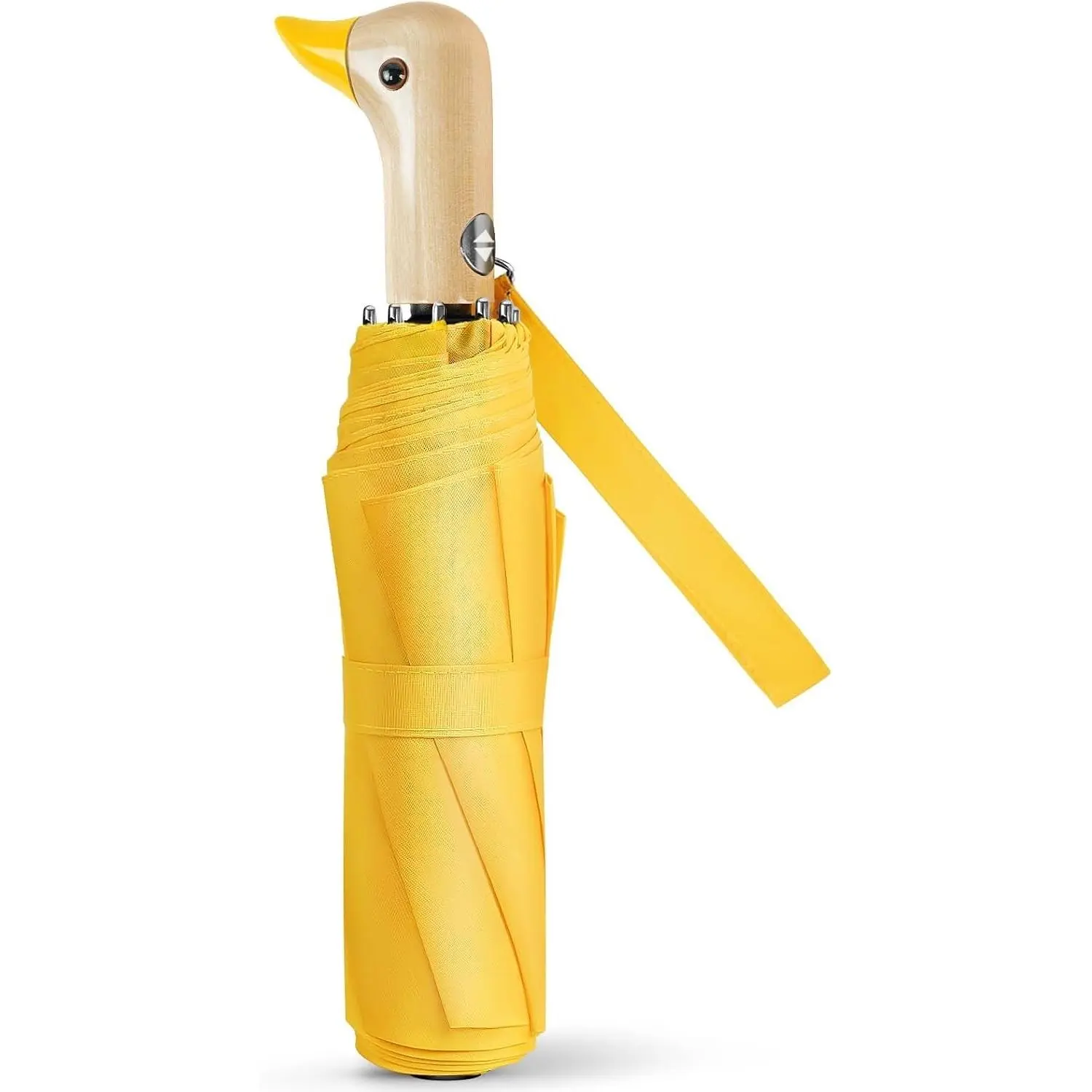 Cute Automatic Travel Size Compact Folding Duck Umbrella for Adults, Wooden Handle, Fits in handbag/backpack/suitcase, Ideal Gifts for women and kids
