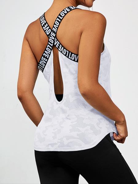 Sporty Women's Camo Print Letter Tape Sports Vest, Sport Criss Cross Cut Out Tank Top, Sporty Cami Top, Ladies Sportswear for Summer