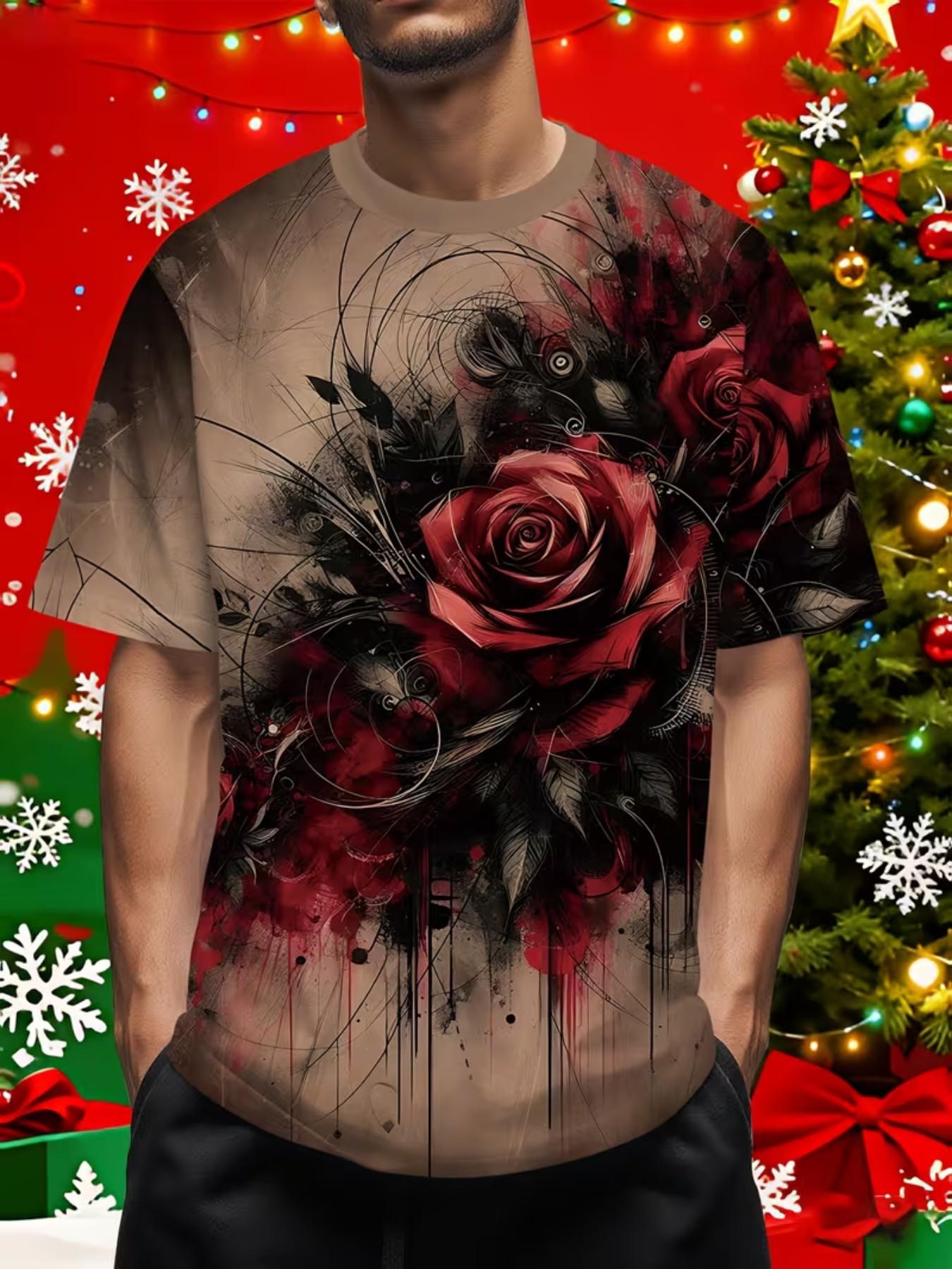 Men's Printed T-Shirt with Vibrant Round Neck Design and Short Sleeves, Valentine's Day Rose Doodle 3D Print, Summer Outdoors and Casual Wear