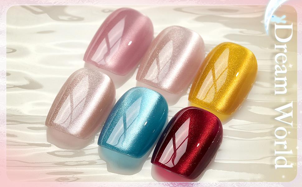 GAOY Dream World Glitter Red Cat Eye Gel Nail Polish Set with Magnet for Pink Blue Holographic Cat Eye, Salon Gel Manicure and Nail Art DIY at Home