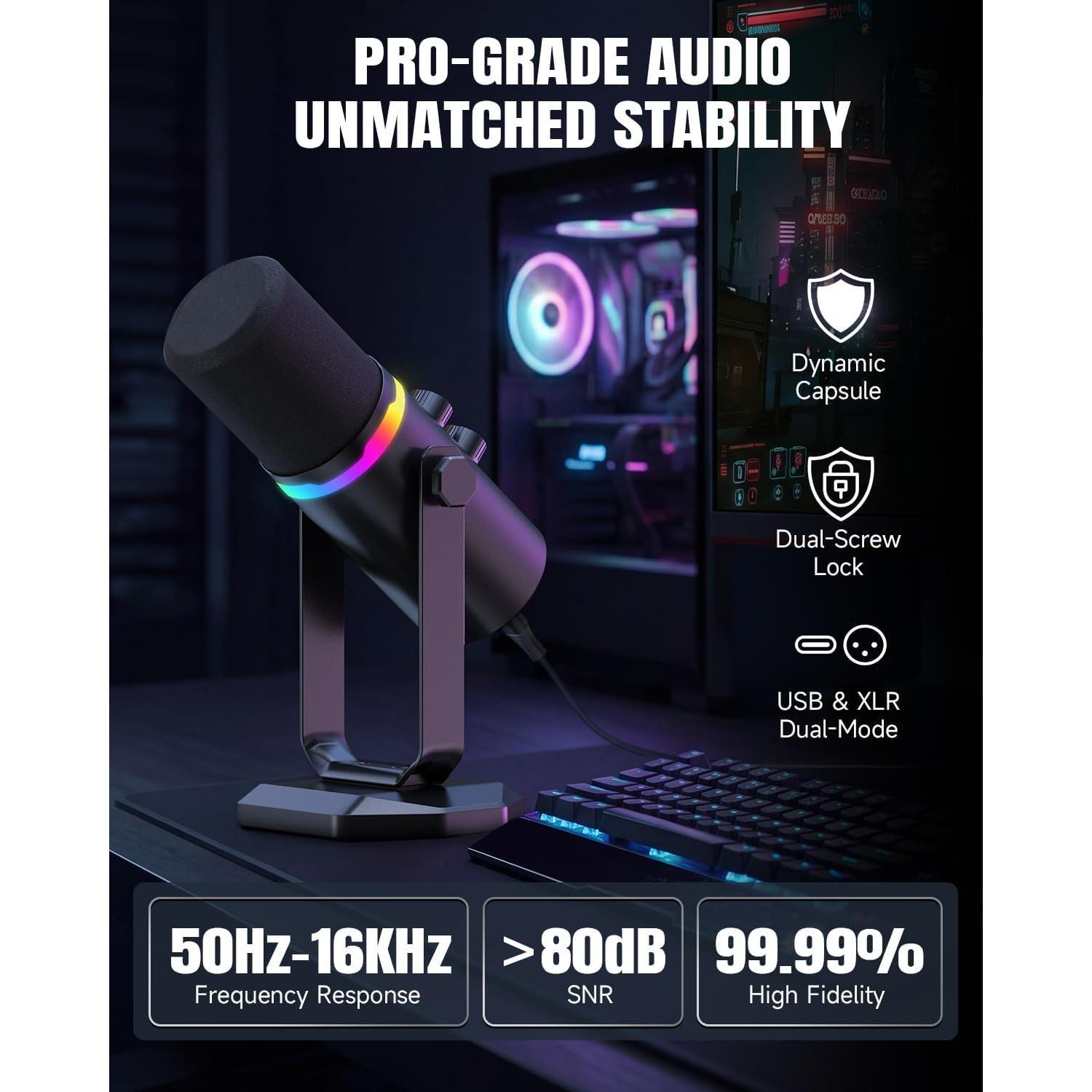 USB/XLR Dynamic Microphone for PC Gaming, Podcast & Recording, Dual-Mode RGB Mic& Streaming Vocal Gear with Heavy-Duty Desk Stand, Clicky Mute, Includes 7.5ft USB & 6.5ft XLR USB/XLR Dynamic Microphone for PC Gaming, Podcast & Recording, Dual-Mode RGB Mic& Streaming Vocal Gear with Heavy-Duty Desk Stand, Clicky Mute, Includes 7.5ft USB & 6.5ft XLR