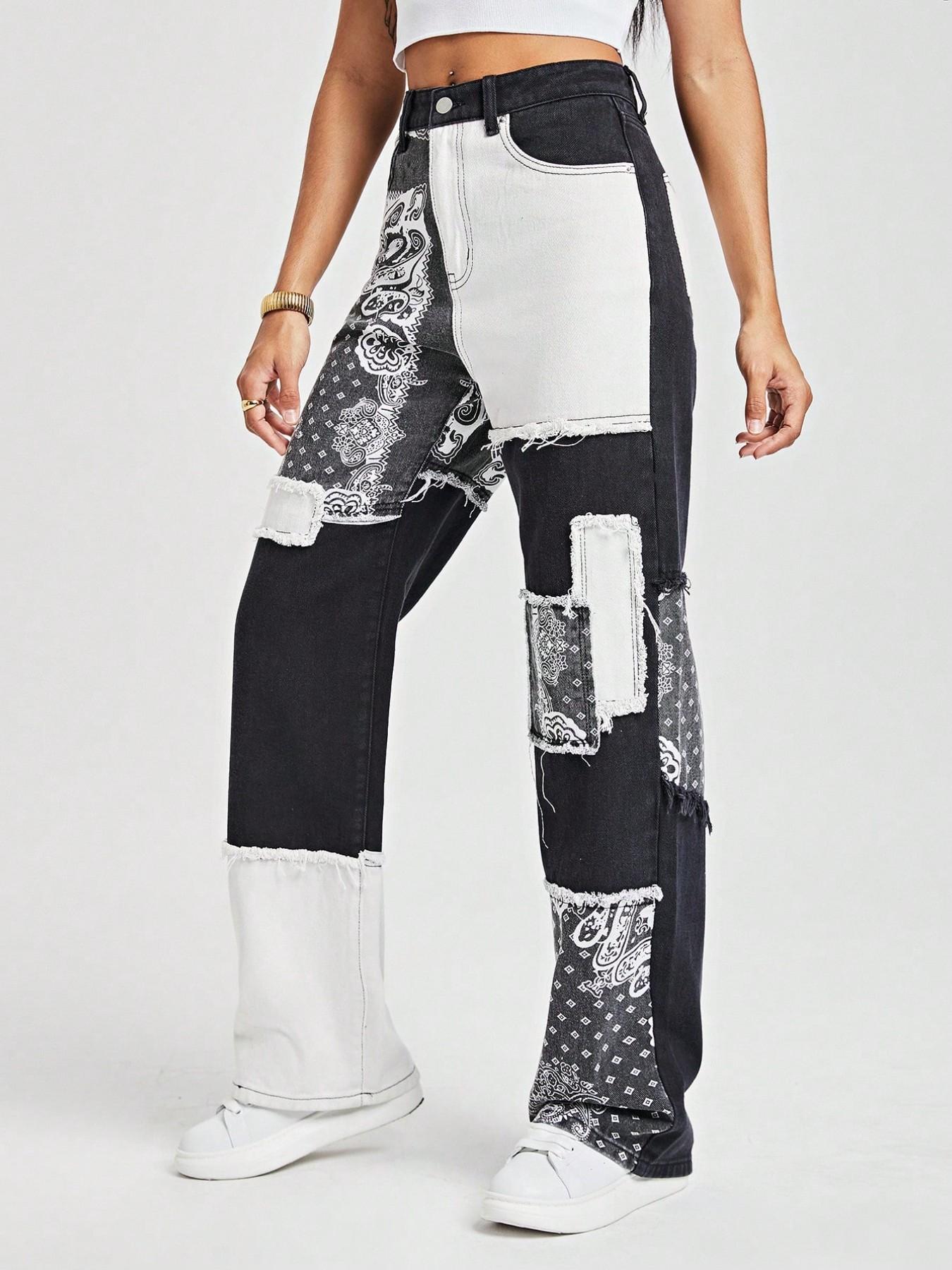Plus Size American Vintage Paisley Patchwork Jeans, High Waist Slimming Wide Leg Pants, Women's Fashionable Denim Trousers