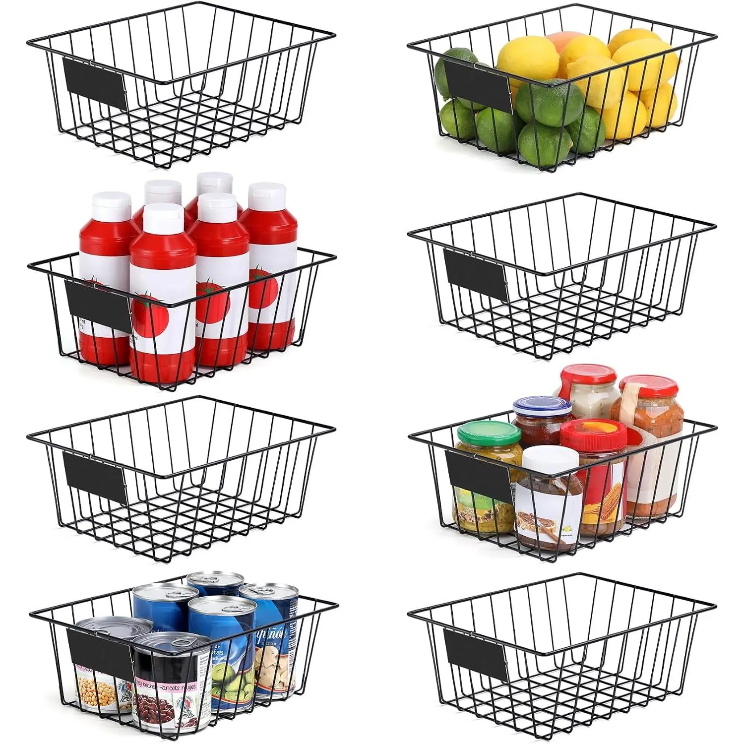 Small-8 Pack Black Anti-Rust Metal Wire Storage Baskets with Removable Tags - 10.9x8.5x4.1in Containers for Kitchen & Closet, Countertop Home Organizer, Basket Storage Solutions