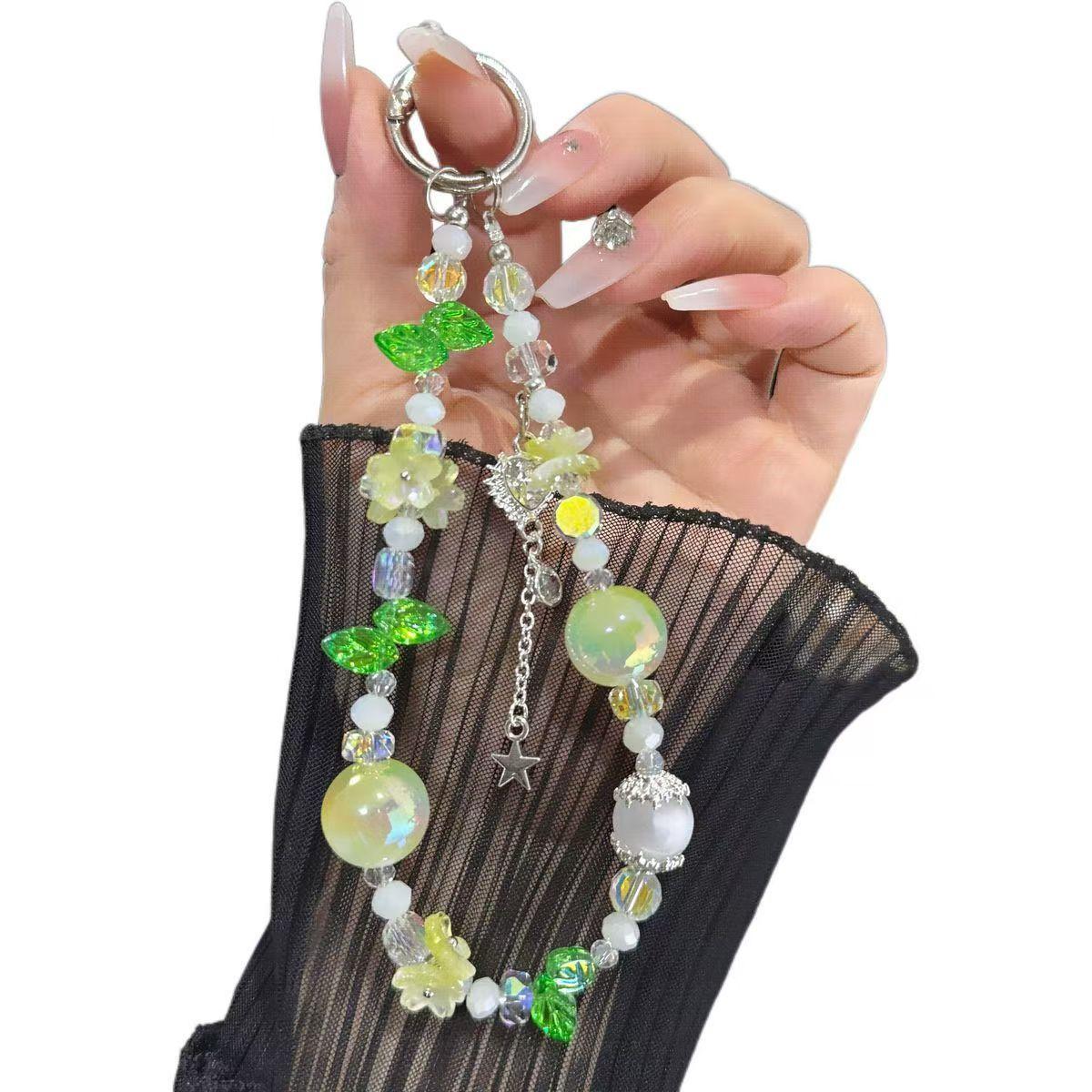 European Style Crystal Phone Charm, Blue Flower Leaf Pearl Silver Star Pendant, Anti-Loss Phone Chain, Fits Phone Case, Ccd Camera Bag Strap