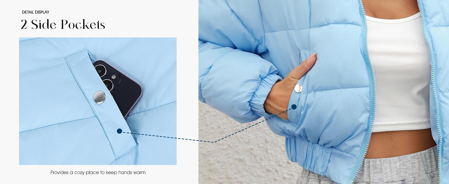 SHEEN Women's Winter Cropped Puffer Jacket Warm Full Zip Quilted Jacket Long Sleeve Padded Coats Stand Collar Outerwear