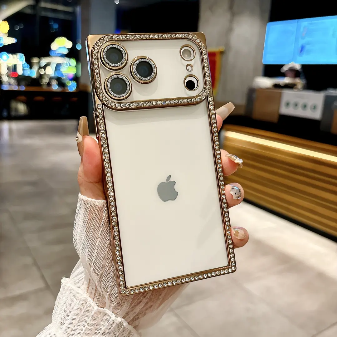 New iPhone 18 PRO MAX phone case, square-edged design, compatible with 17/16 PRO, electroplated transparent with diamond accents, soft edges, 15/14/13, glittery lens film, women's phone cover, drop-proof, shock-resistant, hollow design with exposed logo