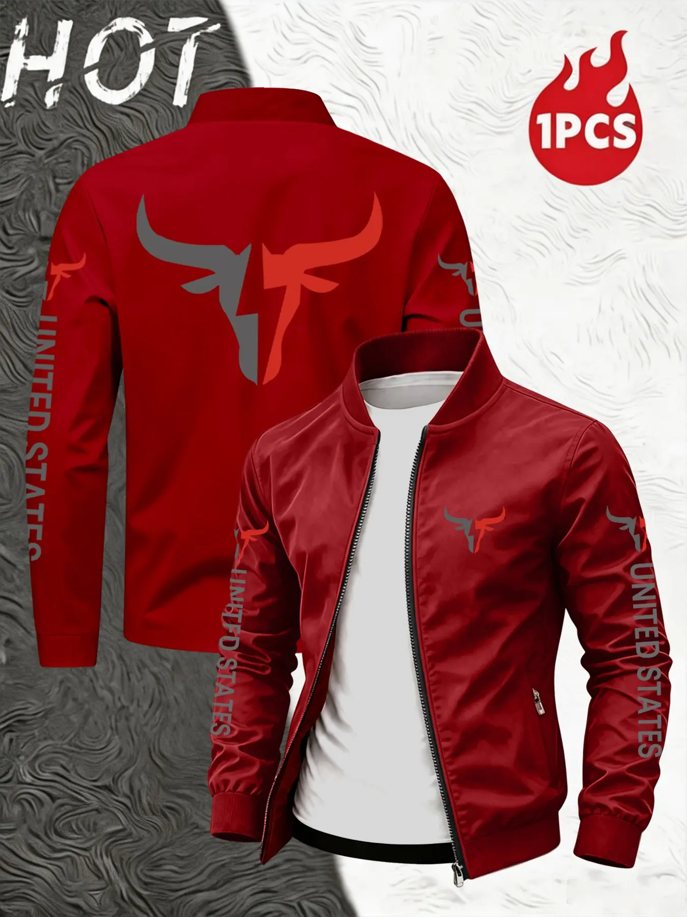 Men's Stand Collar Zipper Sport Jacket, United States Letter Print Windproof Outerwear, Casual All-Season Clothing for Outdoor Activities, Sports Outerwear